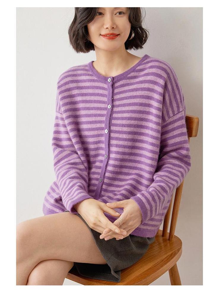 Korean Style Striped Cashmere Women's Knit Cardigan - Warm, Soft, and Skin-Friendly Outerwear Sweater.