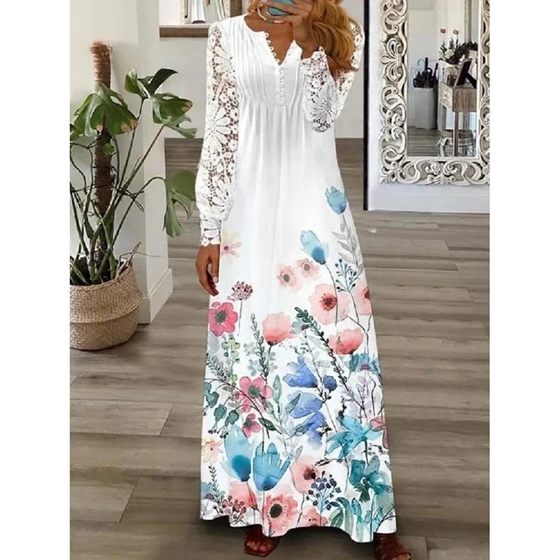 Spring and Summer Casual Women Plus Size Dresses Fashion Printed Lace Long Sleeve Loose Dress Woman Elegant Vintage Vacation Beach Long Dress 26518