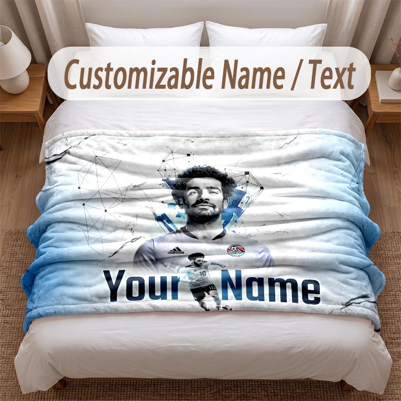 Mohamed Salah Bedruckte Flanelldecke Benutzerdefinierter Name Text Weiche Warme Decke für Schlafzimmer Feiertagsgeschenk