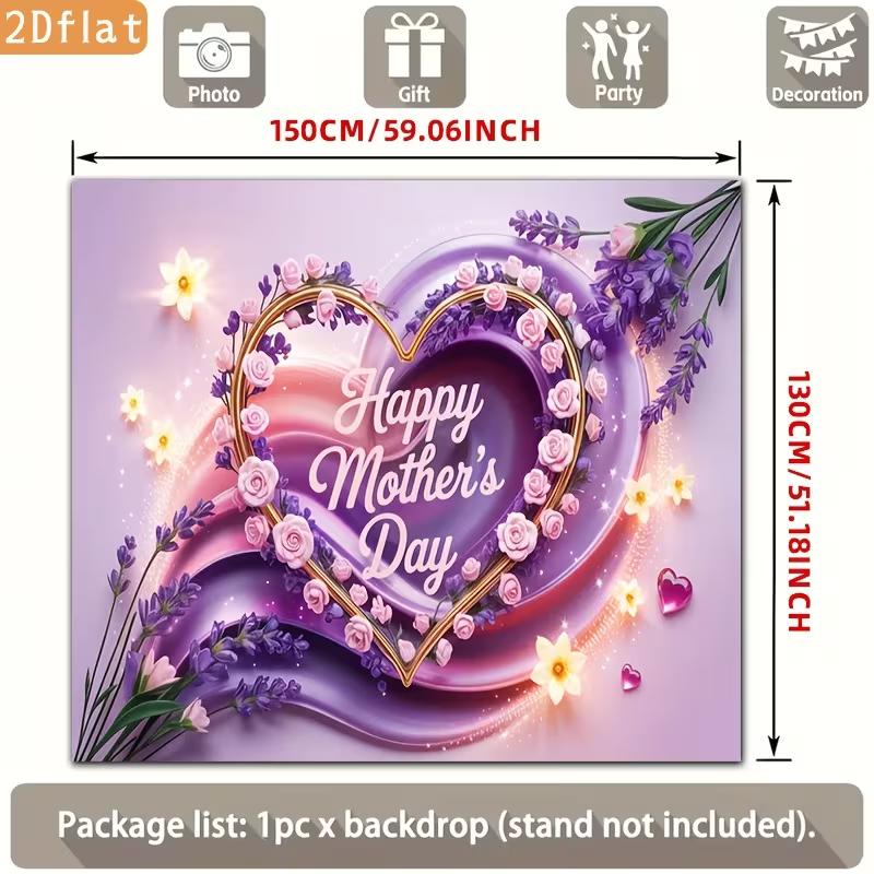 2D Mother's Day Photography Backdrop Pink Purple Floral Heart Photo Booth Banner