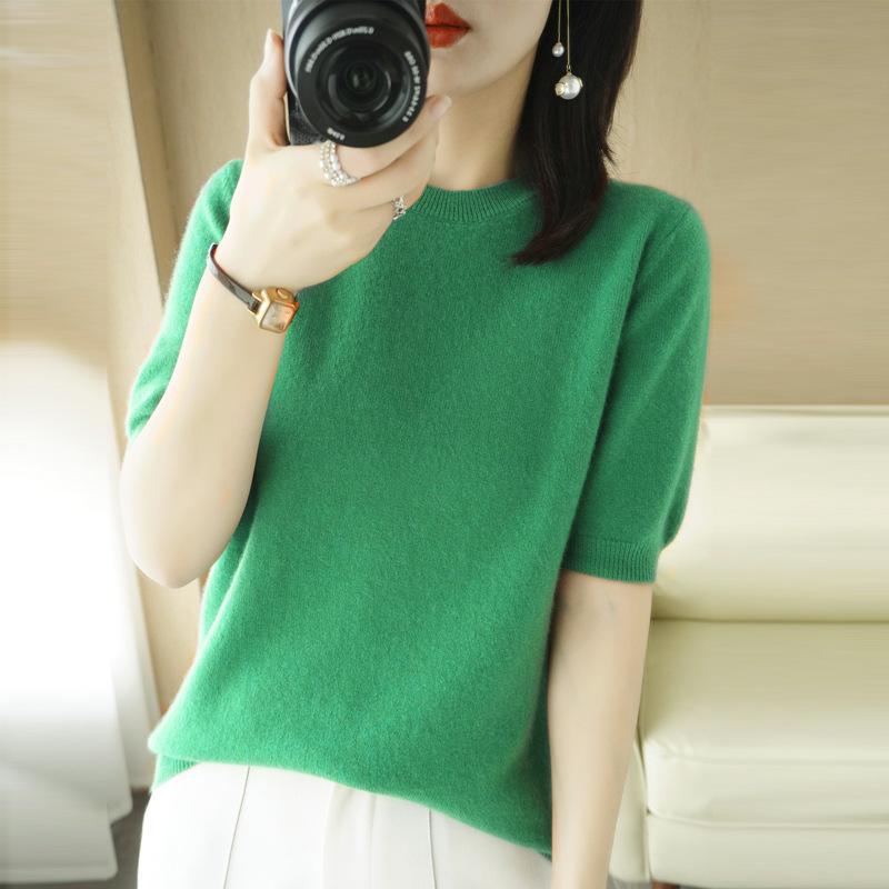 Women's Wool Blend Half High Neck Short Sleeve Loose Base Sweater Top