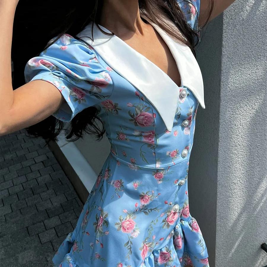 LYRIA Print Puff Sleeves Ruffled Dress Women's V-Neck High Waist Pearl Buttons Mini Dress Female Casual Vacation Fashion Dress