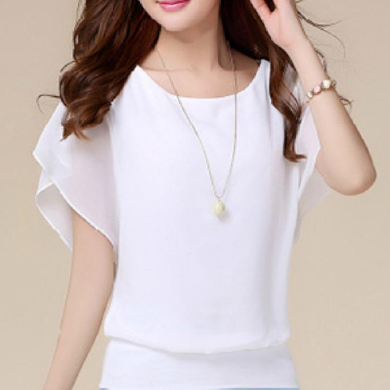 

Новая летняя новая круглая шея короткий рукав свободный модная шифон большой размер базовая рубашка женская S белый