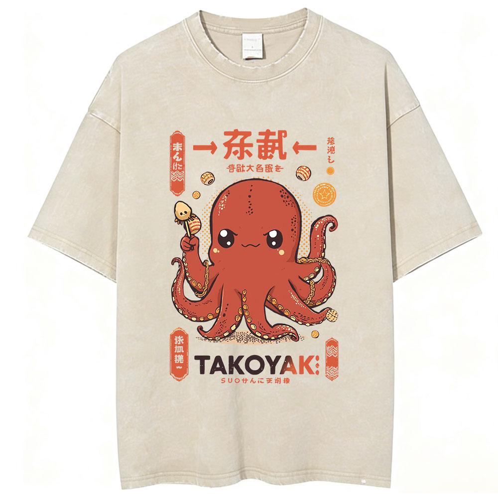 Vintage Washed Osaka Dotonbori Drunken Octopus Takoyaki Funny T Shirts Men Women Retro Japanese Style Oversized Cotton TShirts
