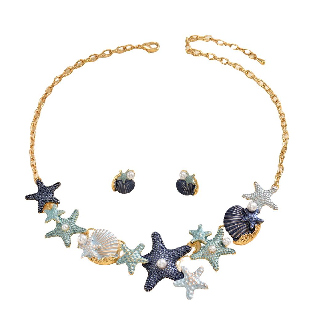 European and American ocean style necklace, geometric starfish shell inlaid with pearl design earrings versatile jewelry set