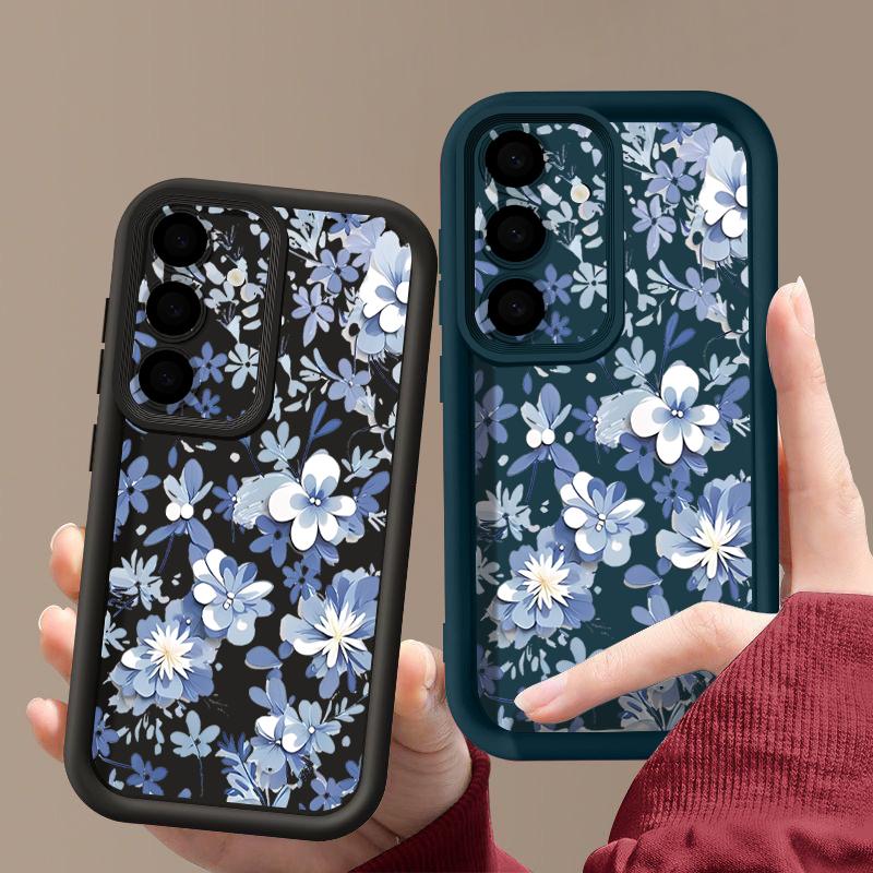 Blue and White Flowers Case For Samsung Galaxy A57 A37 A17 A56 A36 A26 A16 5G A55 A35 A15 A54 S21 FE S22 S23 S24 Plus S25 Edge S26 Ultra Cover