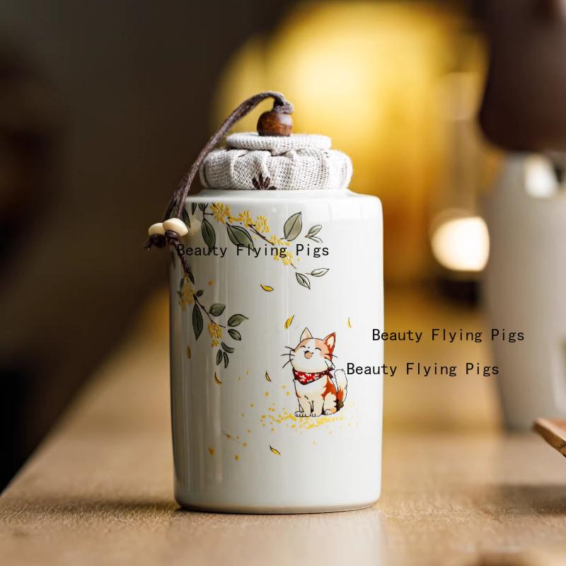 1pc Ceramic Osmanthus Cat Tea Jar Portable Moisture-proof Sealed Jar Pollen Jar Facial Mask Powder Can Tea Ceremony Accessories