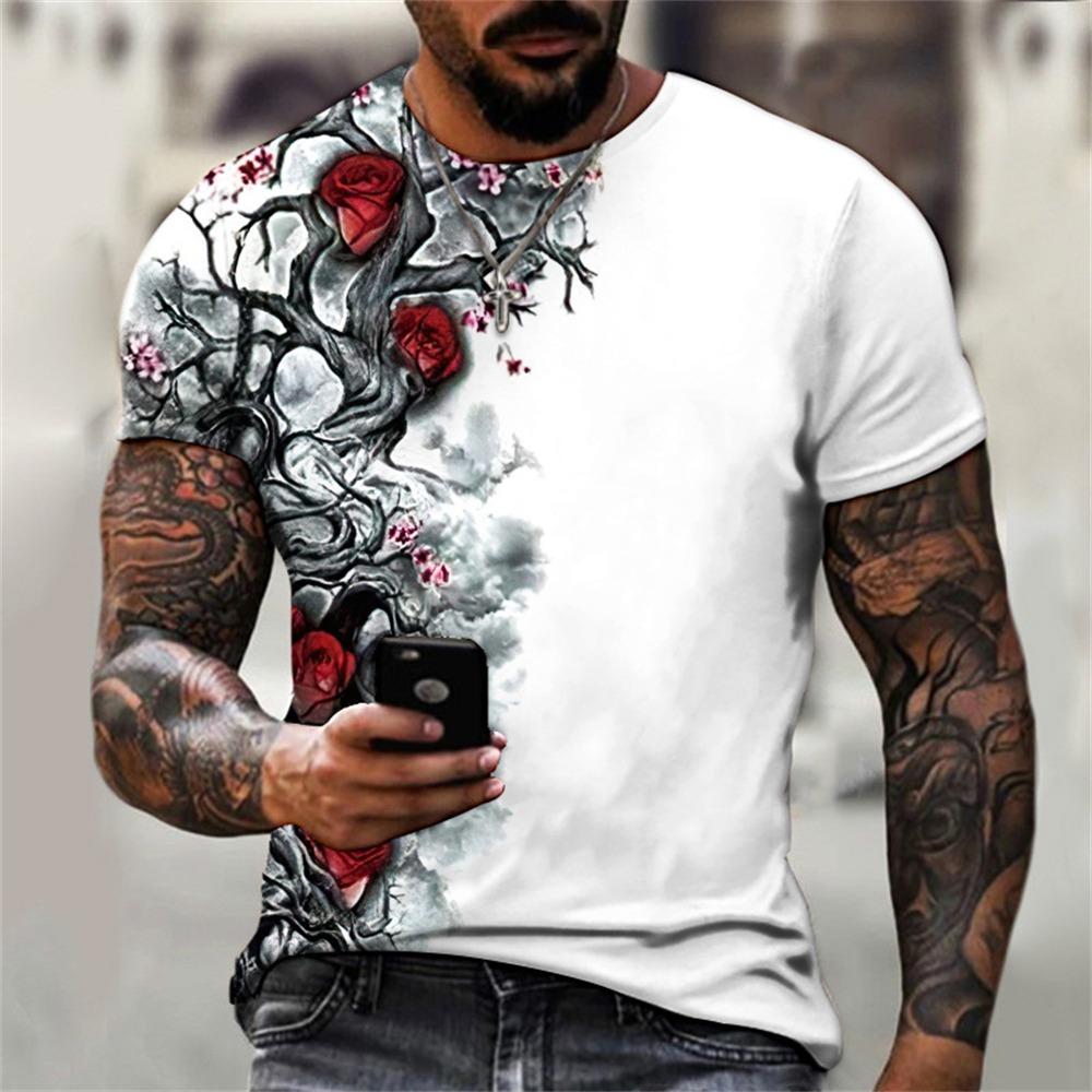 2025 Summer Men T-shirt 3D Graphic Bright Rose Print Vintage T Shirt Men Women Tshirt Casual Short Sleeve O-neck Streetwear