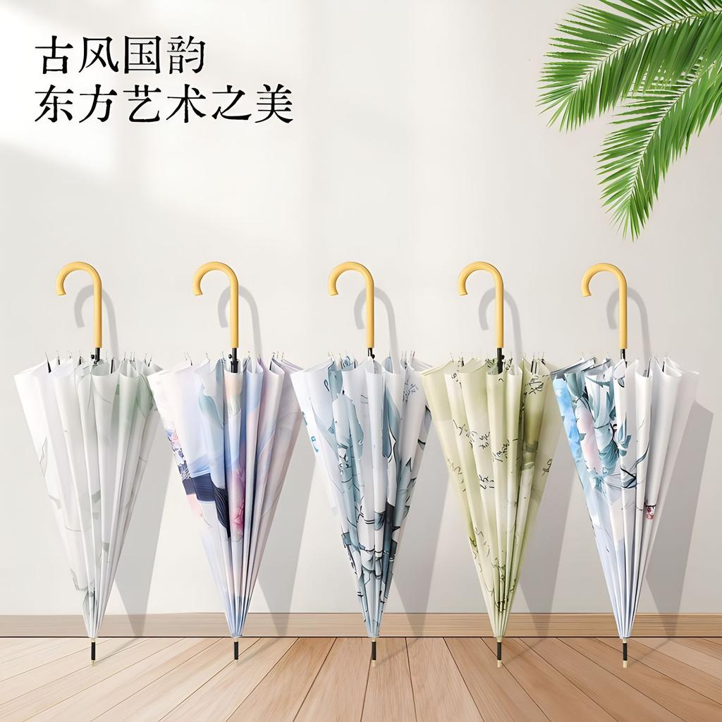 Retro Wood Handle Creative 16 Bone New Chinese Style National Wind Reinforced Wind Resistant Durable Premium Sense Umbrella Umbrella