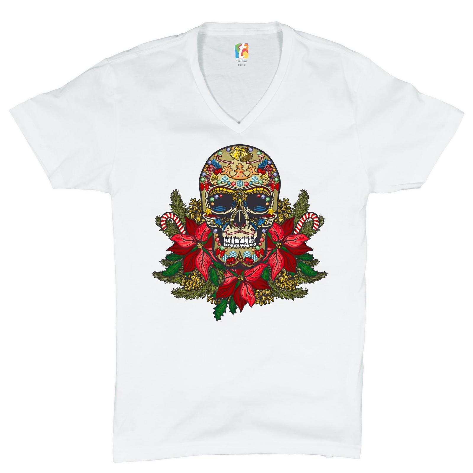 Christmas Calavera V-Neck T-shirt Sugar Skull Holiday Spirit Mistletoe Tee S