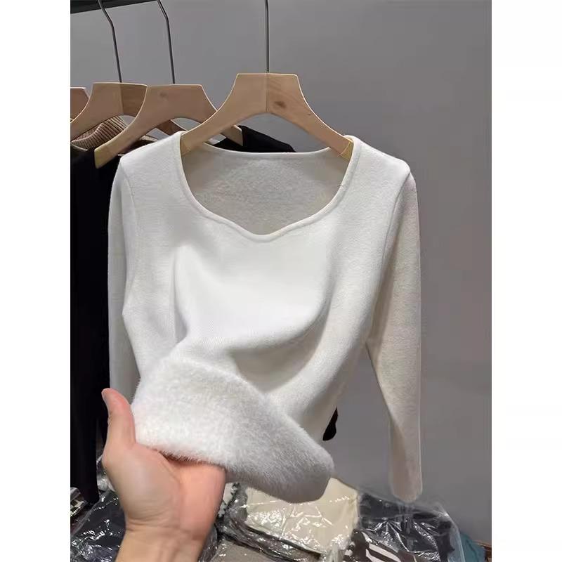 Women's Warm Fleece-Lined Square Neck Base Layer Top for Autumn/Spring/Summer