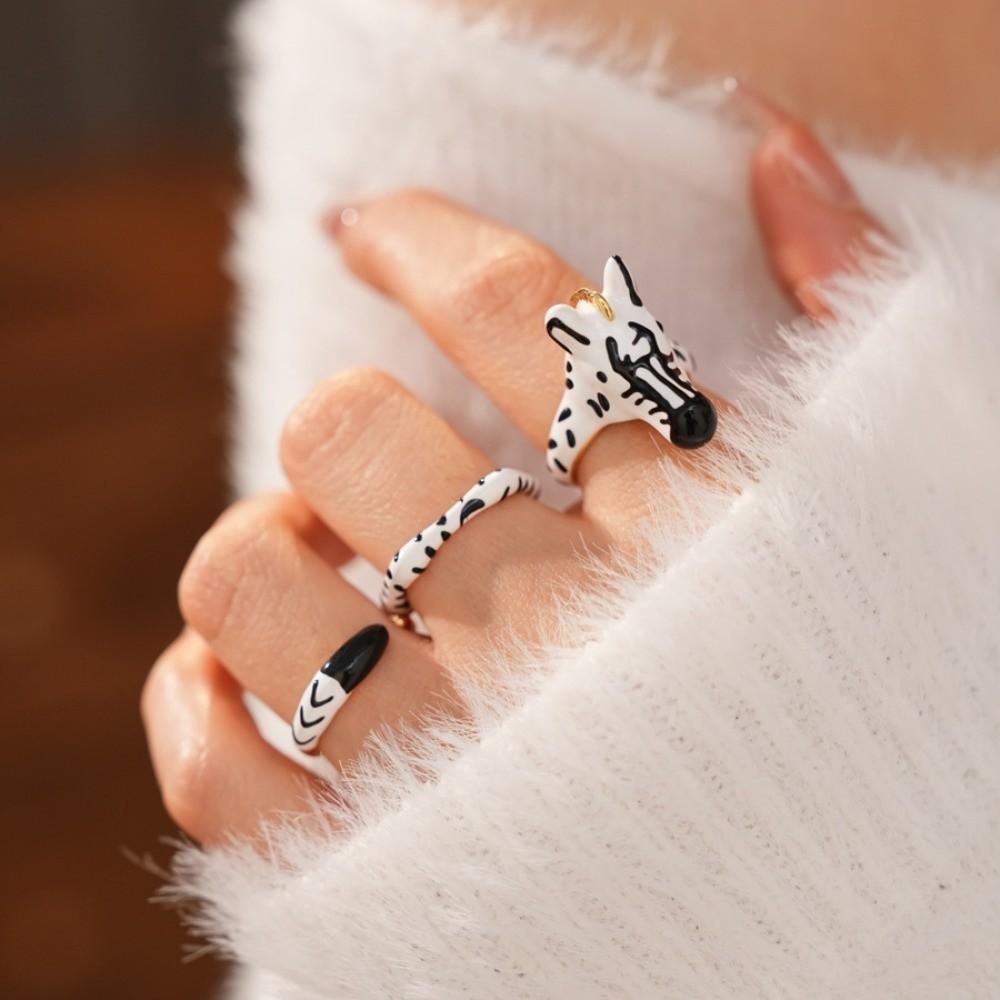 Delicate Cartoon Glaze Ring Vintage Opening Finger Ring Animal Horse Ring Set  Party Favors