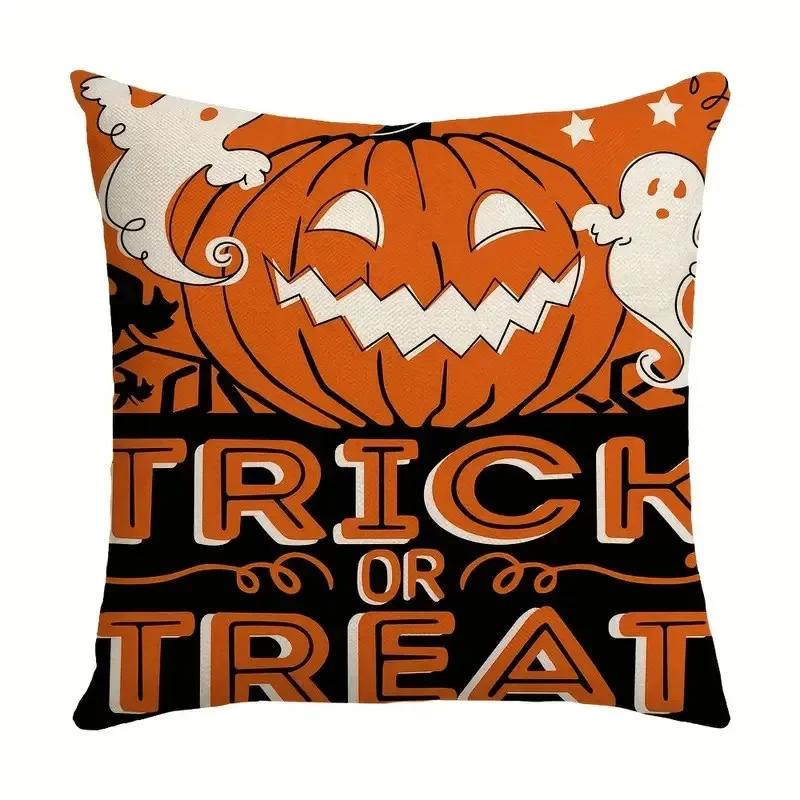 40/45/50cm Halloween Party Decorations Linen Pillowcase for Sofa Black Witch Ghost Print Throw Pillow Cover Home Decor