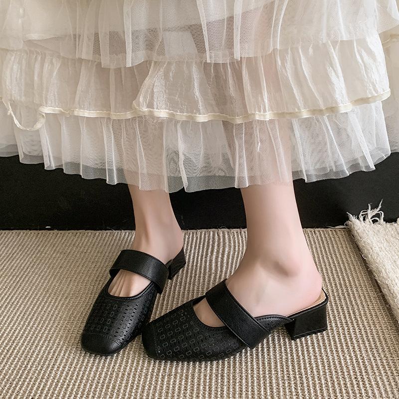 

Coarse heel bag head lazy half slippers women s summer wear new breathable hollow single shoes medium heel shoes 36 чёрный