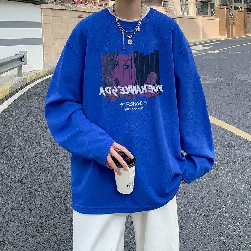 2024 Herren Langarm T-Shirt Herbst Unterhemd Langarm Baumwolle Herbst Hong Kong Stil Druck Lose Trendy Top