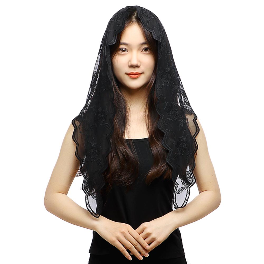 Triangle Lace Scarf for Church Shawl Women Christian Veil Embroidered Floral Shawls Transparent Lace Bandana Foulard Femme Hijab