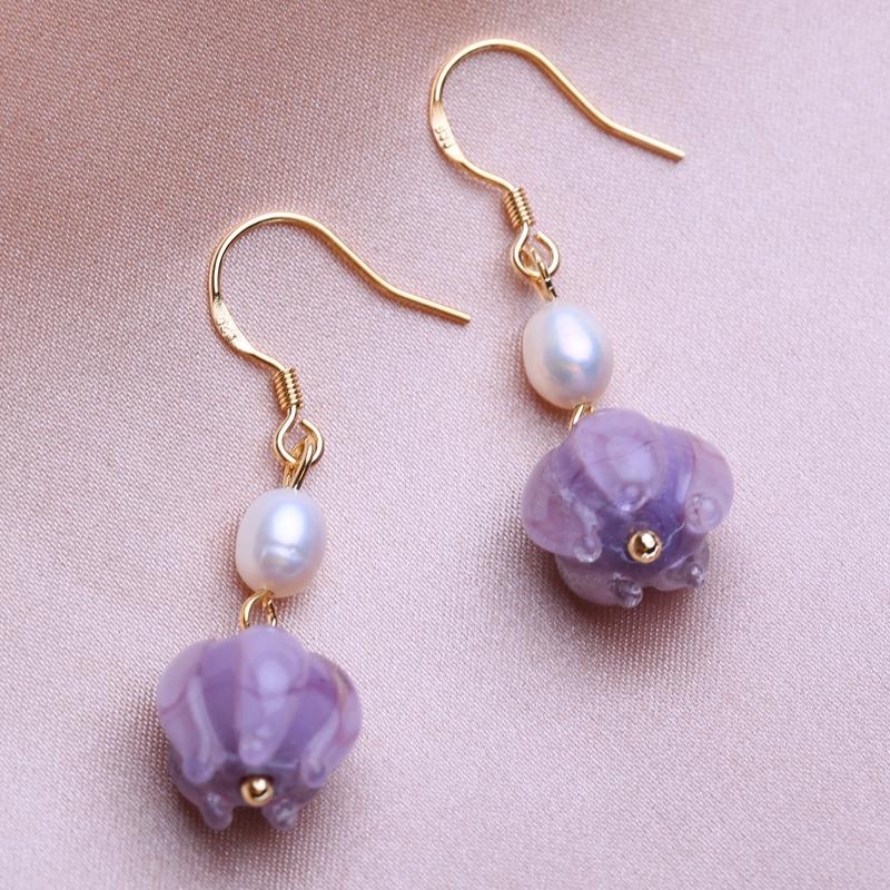 

KNIKOO синие и фиолетовые серьги-капли с цветком для женщин, модные серьги с натуральным пресноводным жемчугом, ювелирные изделия для свадебной вечеринки, подарки фиолетовый