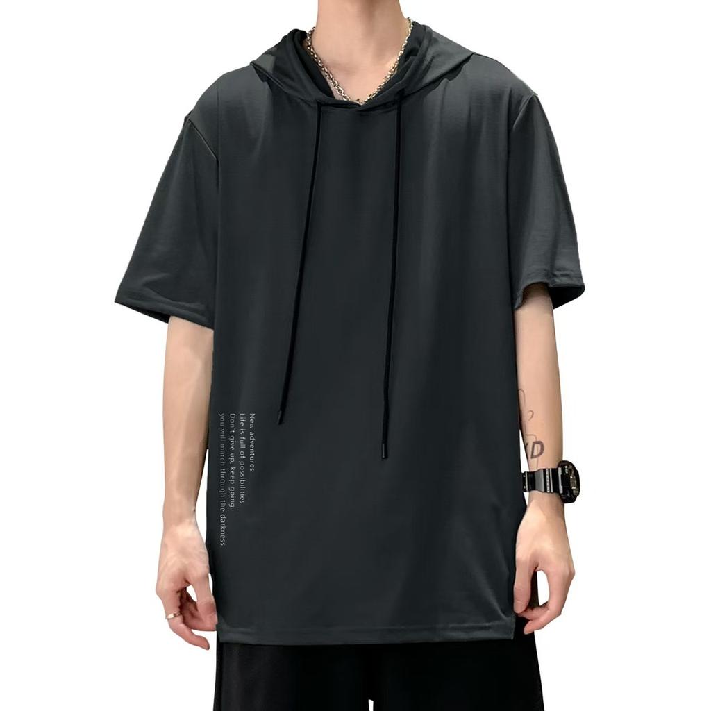 Men's Sports Short Sleeved T Shirt Hooded Trendy Fashionable Thin Style Breathable Loose Outdoor Running Casual