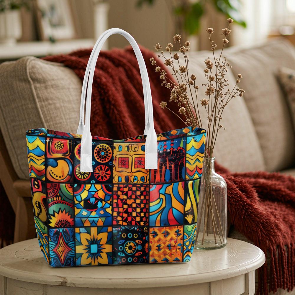Vintage Geometric Print Tote Bag Fashion Casual Large Capacity Daily Shoulder Bag for Women
