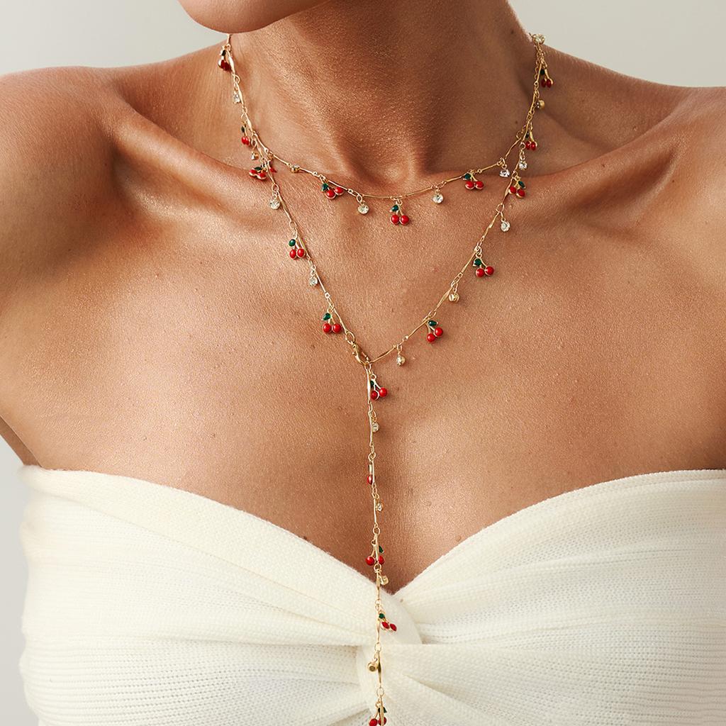 Sweet Wind Drip Oil Cherry Pendant Long Necklace, Metal Stacked Fruit Series Clavicle Necklace