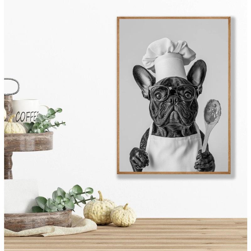 Interesting Animal Collie Eating Spaghetti Bulldog Cook Animal Portrait Poster Canvas Paintings Wall Art Pictures Home Decor
