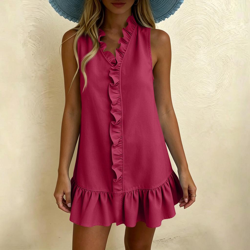 Women's Summer Fashionable Color Sexy V-neck Sleeveless Casual Cotton Linen Ruffle Edge Dress