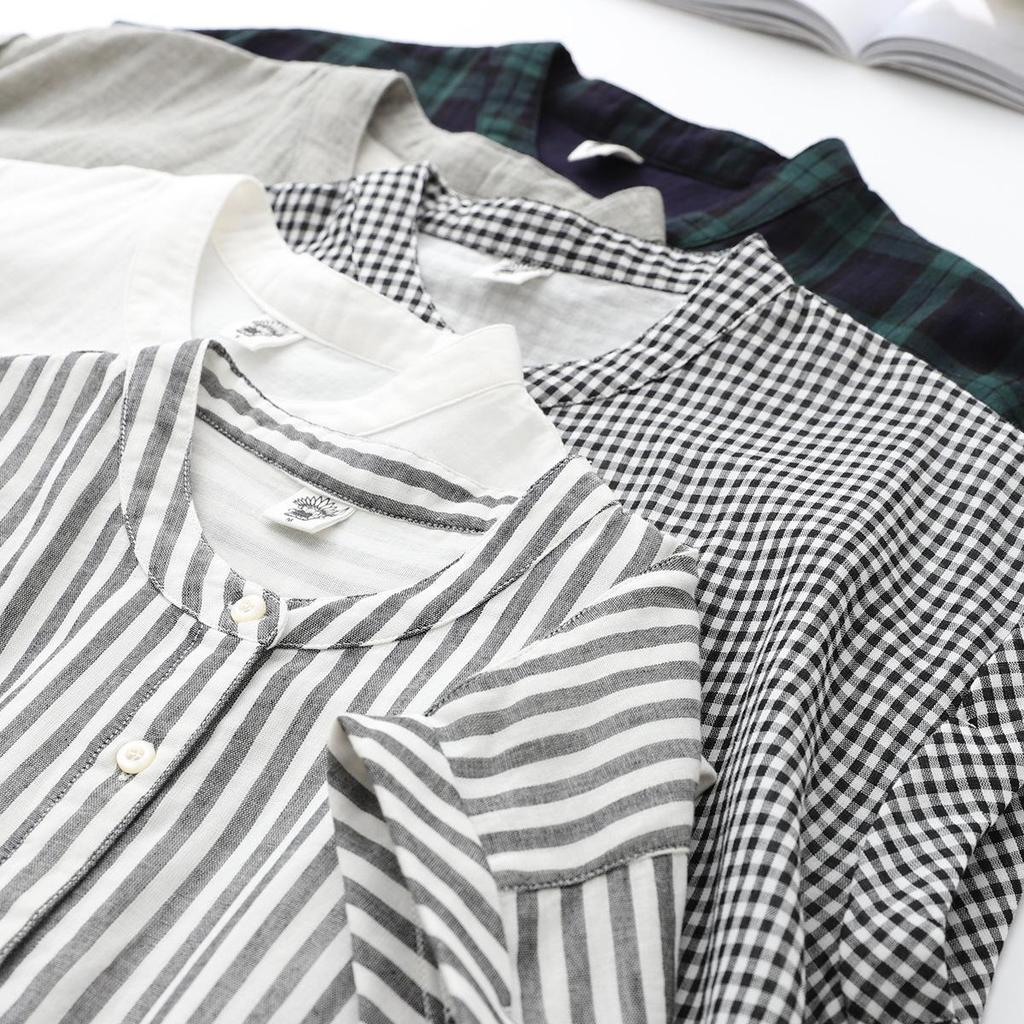 Japanese Minimalist Plaid Women's Sleeveless Stand Collar Shirt & Classic Short Sleeve Shirt