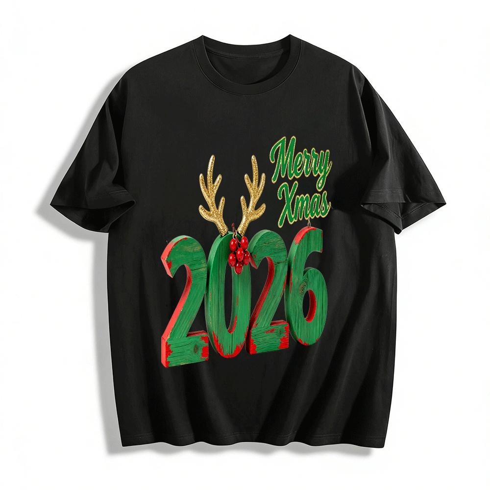 2026 Christmas Themed Distressed Number Antler Print Casual Top Pure cotton T-shirt XXS