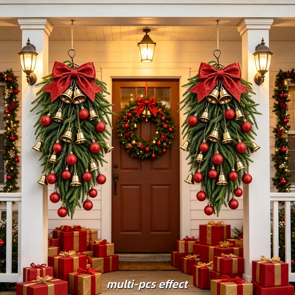 14Pcs Luxury Set - Christmas Artificial Norfolk Pine, Golden Bells, And Shiny Christmas Balls DIY Combination, Classic Red And Gold Color Scheme