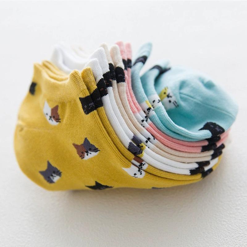 5 Paar Damen Strick Baumwollsocken mit Kätzchenmuster Sommer Schweißabsorbierend Atmungsaktiv Weich Bequem Lässig Bootssocken
