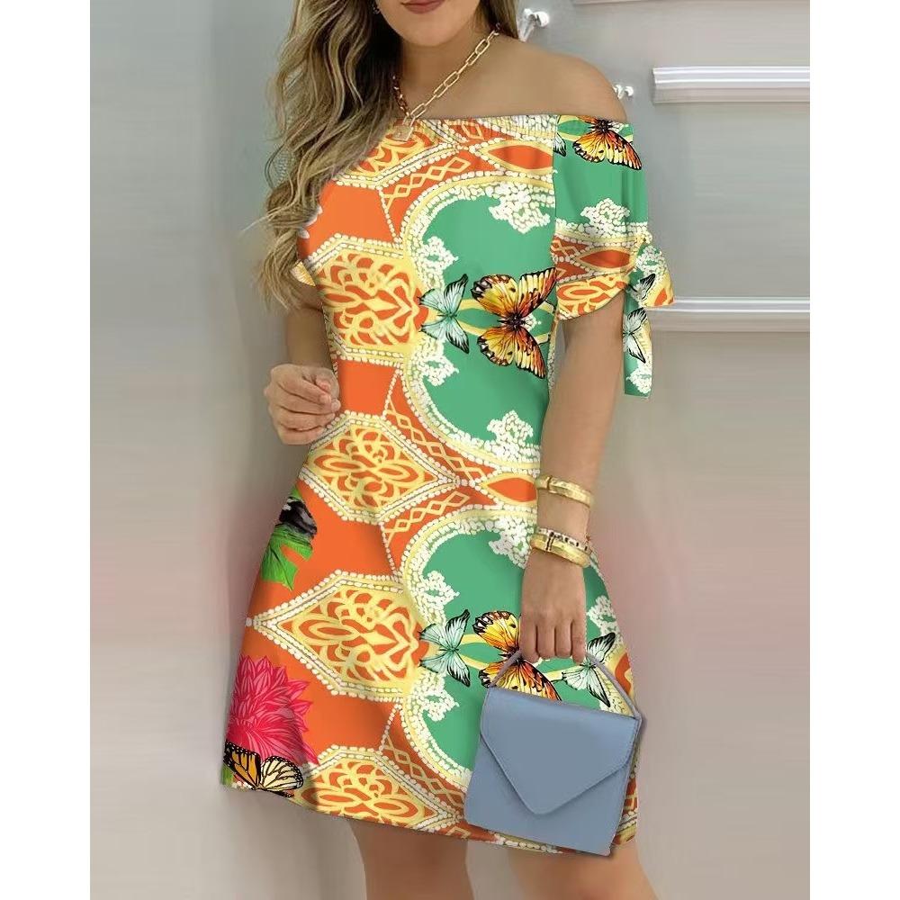 Women's Fashion Summer Spring Solid Color Print Short Sleeve One Shoulder High Waist Casual Dresses
