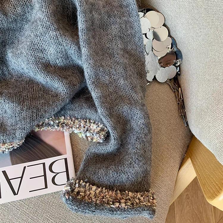 Grey lace pullover mohair sweater women's autumn and winter new loose retro lazy wind soft waxy knitted sweater