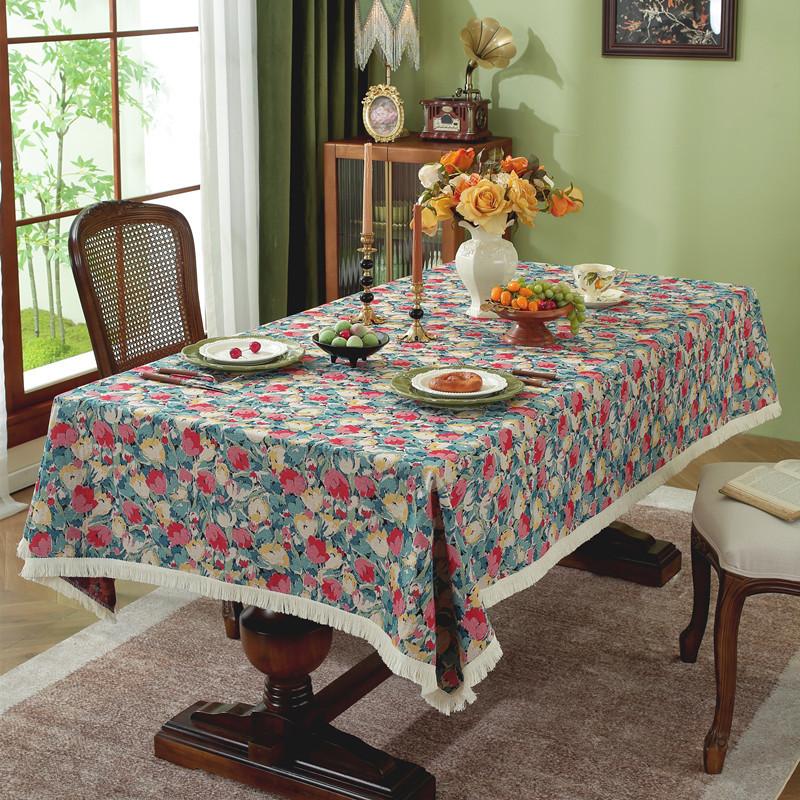 Retro Polyester Cotton Color Woven Jacquard Ethnic Plant Fringed Tablecloth Rectangular Coffee Table Tablecloth Dining Table Cloth