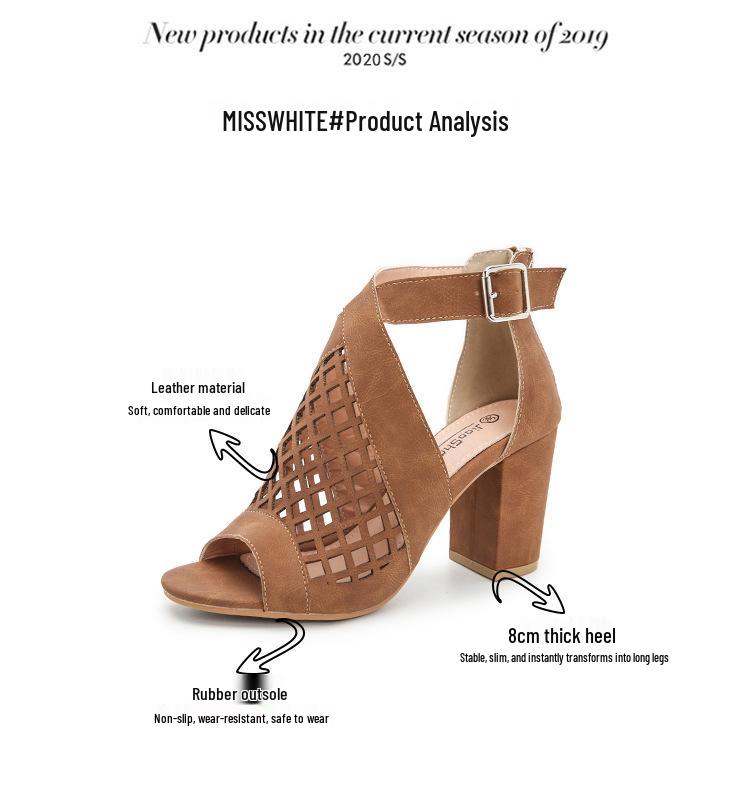 Peep-Toe Chunky Heel Sandals: 2025 Summer Plus-Size Collection for Women – European & American Style, Hollow Design