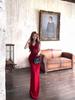 Maxi Abito da Donna Rosso Floreale con Schiena Scoperta e Scollo all'Americana – Elegante per l'Estate, Formale, Vestibilità aderente, che abbraccia i fianchi