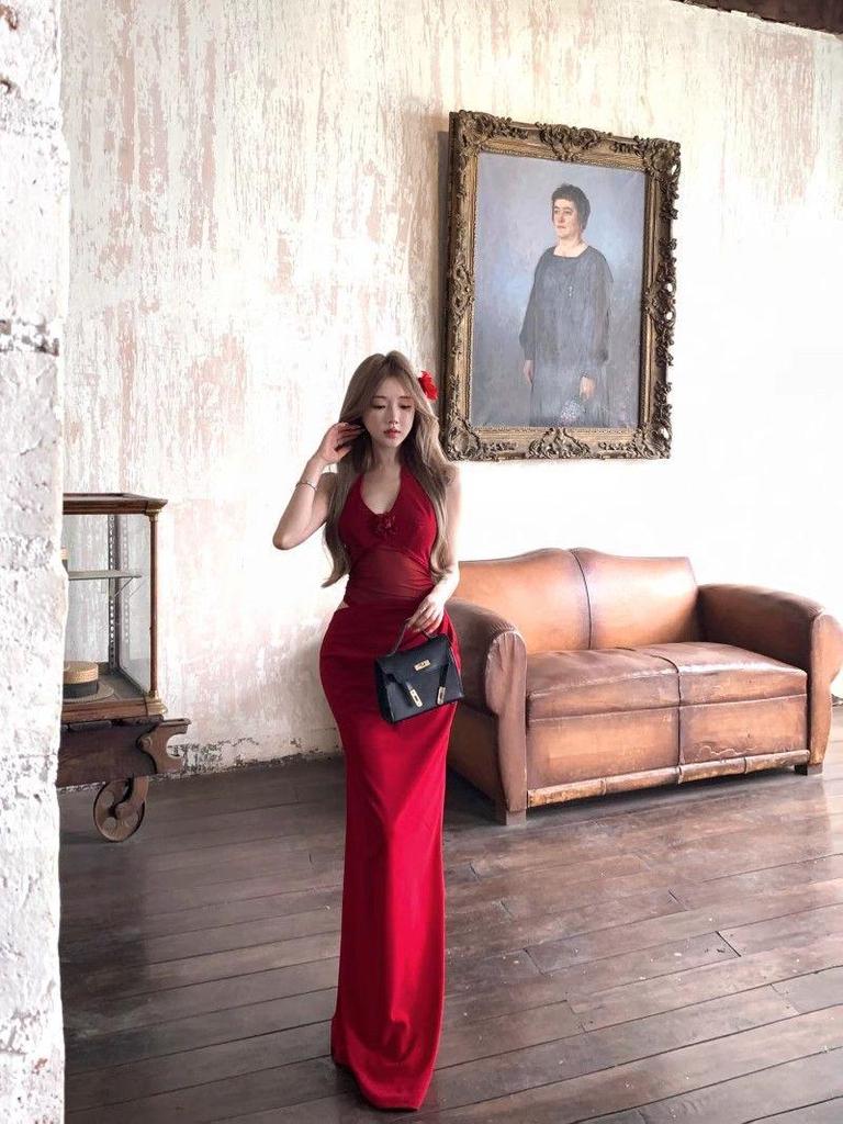 Maxi Abito da Donna Rosso Floreale con Schiena Scoperta e Scollo all'Americana – Elegante per l'Estate, Formale, Vestibilità aderente, che abbraccia i fianchi