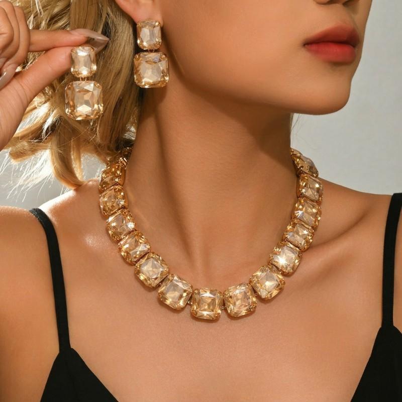 Geometric Cube Crystal Statement Earring Choker Necklace Set Women Fashionable Oversized Rhinestone Jewelry In White Or