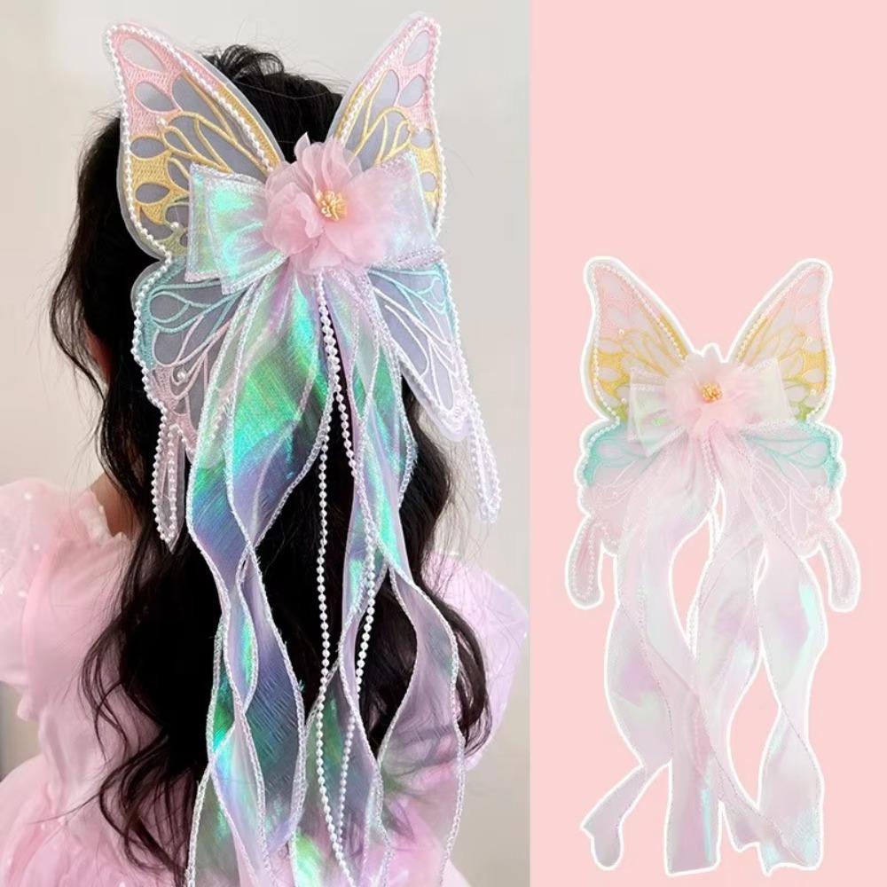 New Big Butterfly Bow Clip Ribbons Metal Spring Buckle Hair Clip Long Tail Princess Style Woven Hair Strap Girl