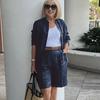 2 Pcs/Set Women Shirt Shorts Set Solid Color Long Sleeves Lapel Blouse