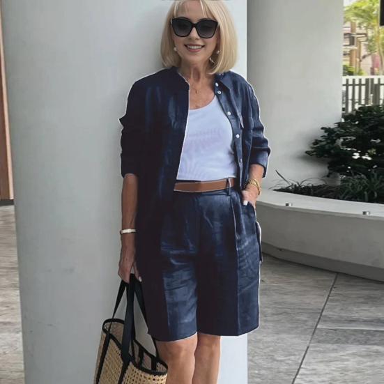 2 Pcs/Set Women Shirt Shorts Set Solid Color Long Sleeves Lapel Blouse