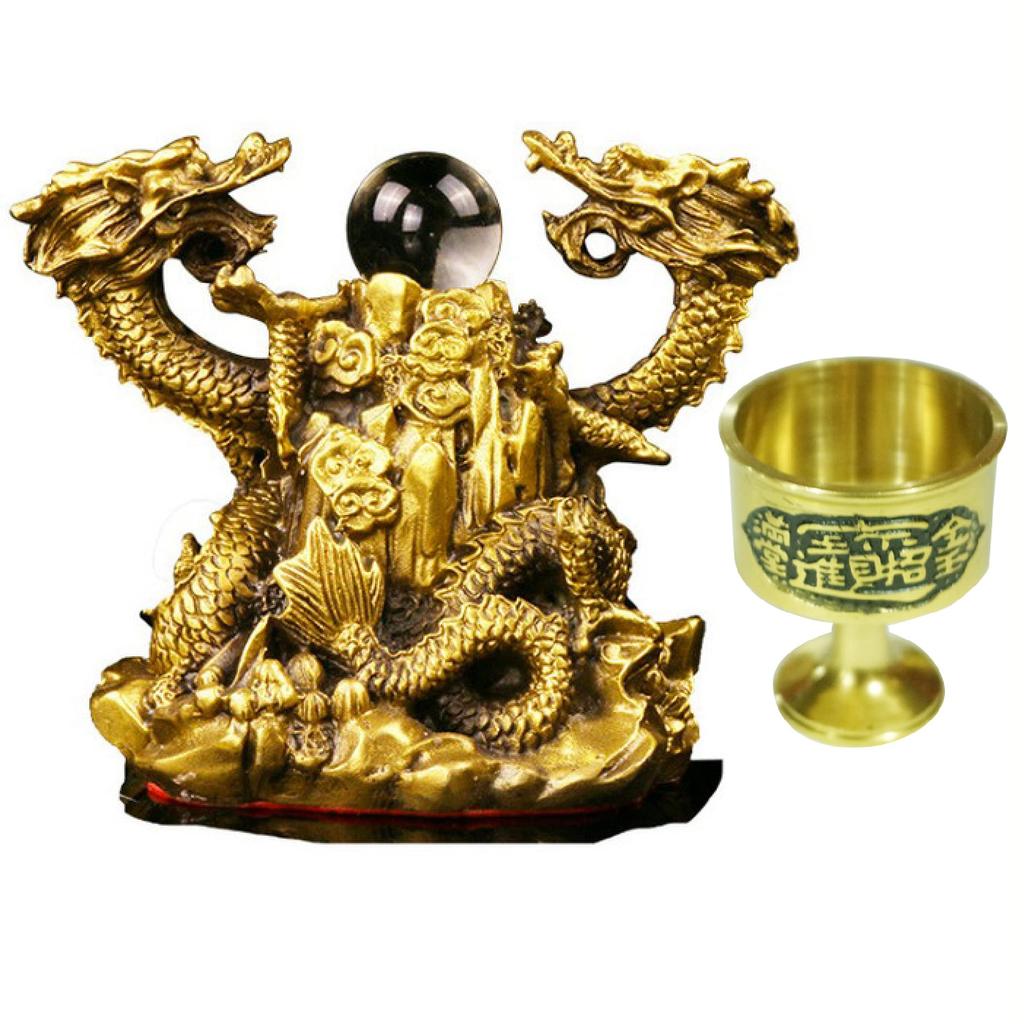 Felimoa Double Dragon Feng Shui Dragon Copper and Entrance Lucky Good Water Cup Included Figurine, Crystal, Decor, Charm, Fortune,