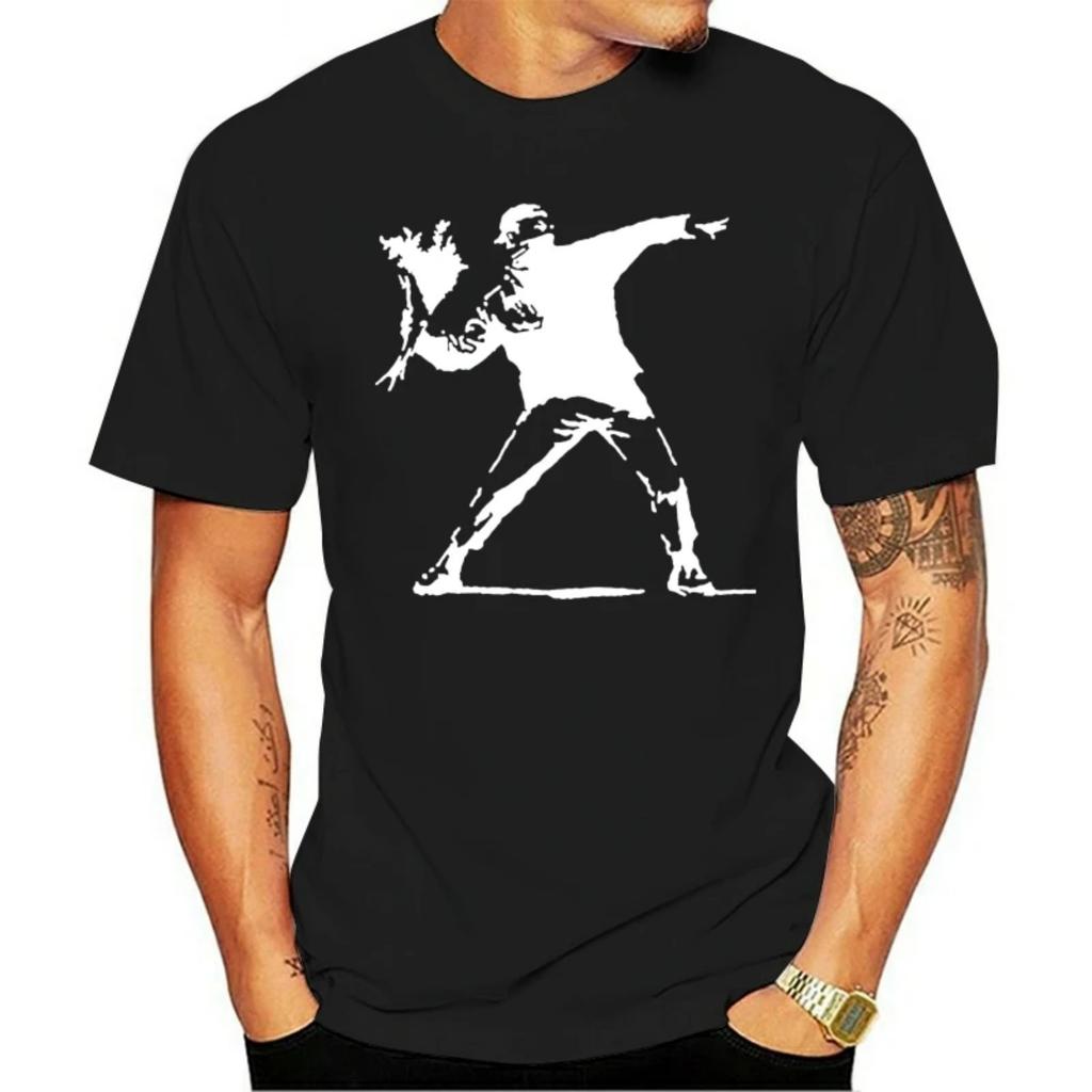 2023 Moda T-shirt in Cotone Banksy Street Art Rivoluzione Fiori Non Molotov Top da Uomo Nero Realizzato su Misura