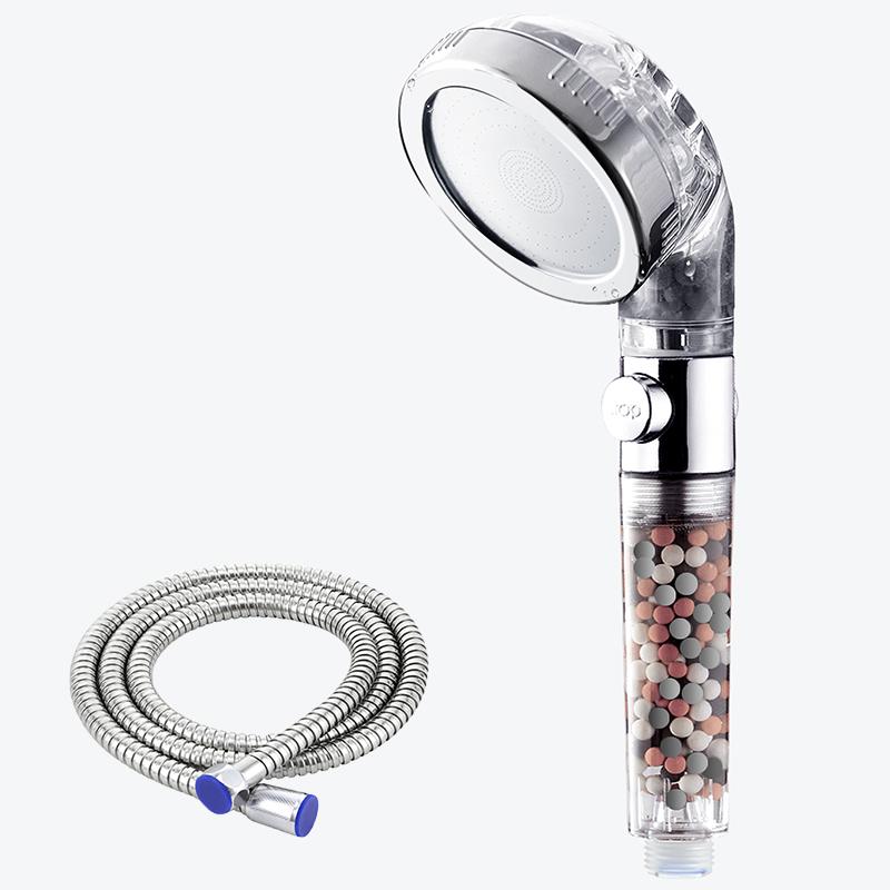 3 Modes Adjustable High Pressure Shower Head SPA Shower Water Saving Filter Balls Replaceable Switch Button One Key Stop Shower