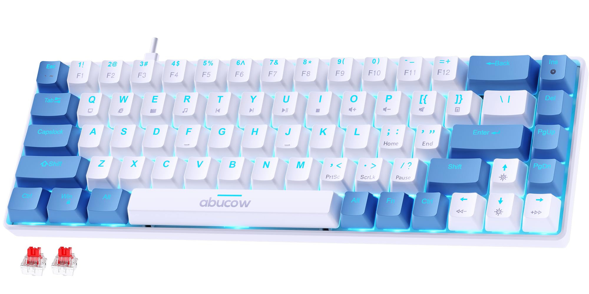 

abucow 68 Key Mechanical Gaming Keyboard with Blue Backlight and Light Keycaps Premium Typing and Gaming Experience on PC and Mac with Red Switches