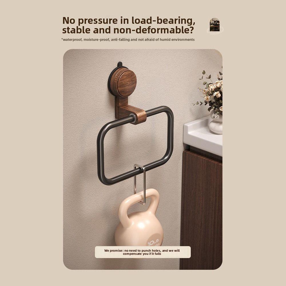 No-Drill Towel Holder Walnut Wood+Aluminium Towel Hanging Rack Suction Cup Towel Ring  Bathroom