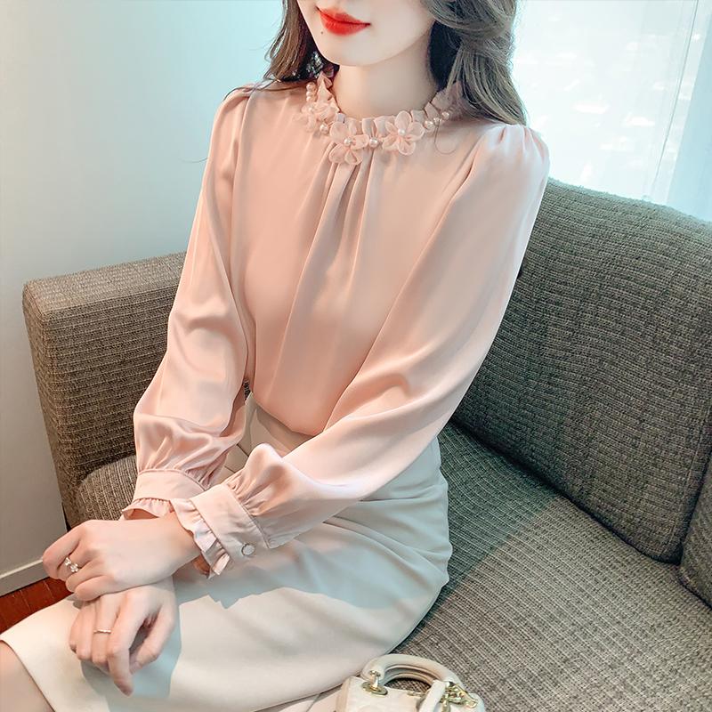 2025 Neue Frühling Elegante Damenblusen Hemden Langarm Perlen O-Ausschnitt Chiffonbluse Hemd Damen Tops J773