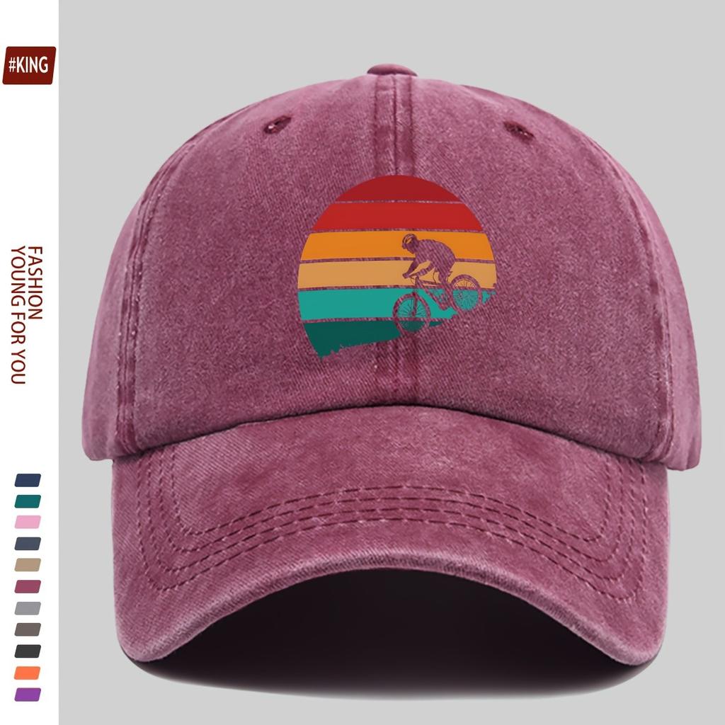 Retro Cycling Sunset Graphic Baseball Cap Washed Cotton Adjustable Sports Outdoor Hat