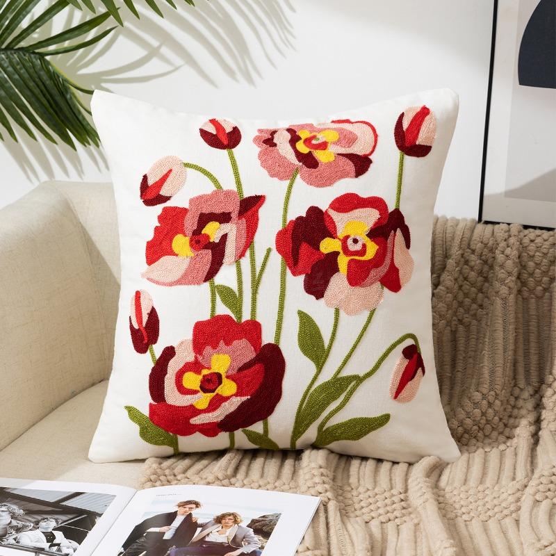 45x45cm Flower Embroidered Pillow Cover Rural Style Home Sofa Pillowslip Bedhead Cushion Office Chair Lumbar Mat Easy To Clean Pillowcase Without Core