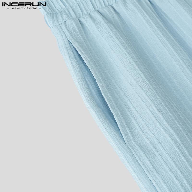 INCERUN Conjuntos de dos piezas para hombre con camisa de manga corta con textura y cuello en V y pantalones largos rectos