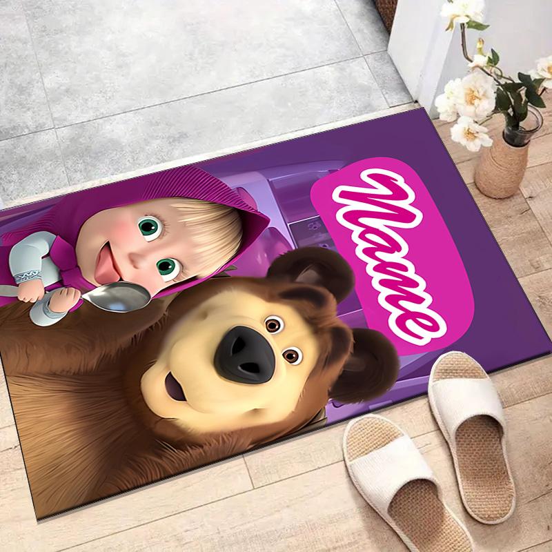 Custom Masha and the Bear Mat Personalized Name, Polyester Washable Indoor Entryway Rug, Gift for Christmas, Easter, Thanksgiving Day